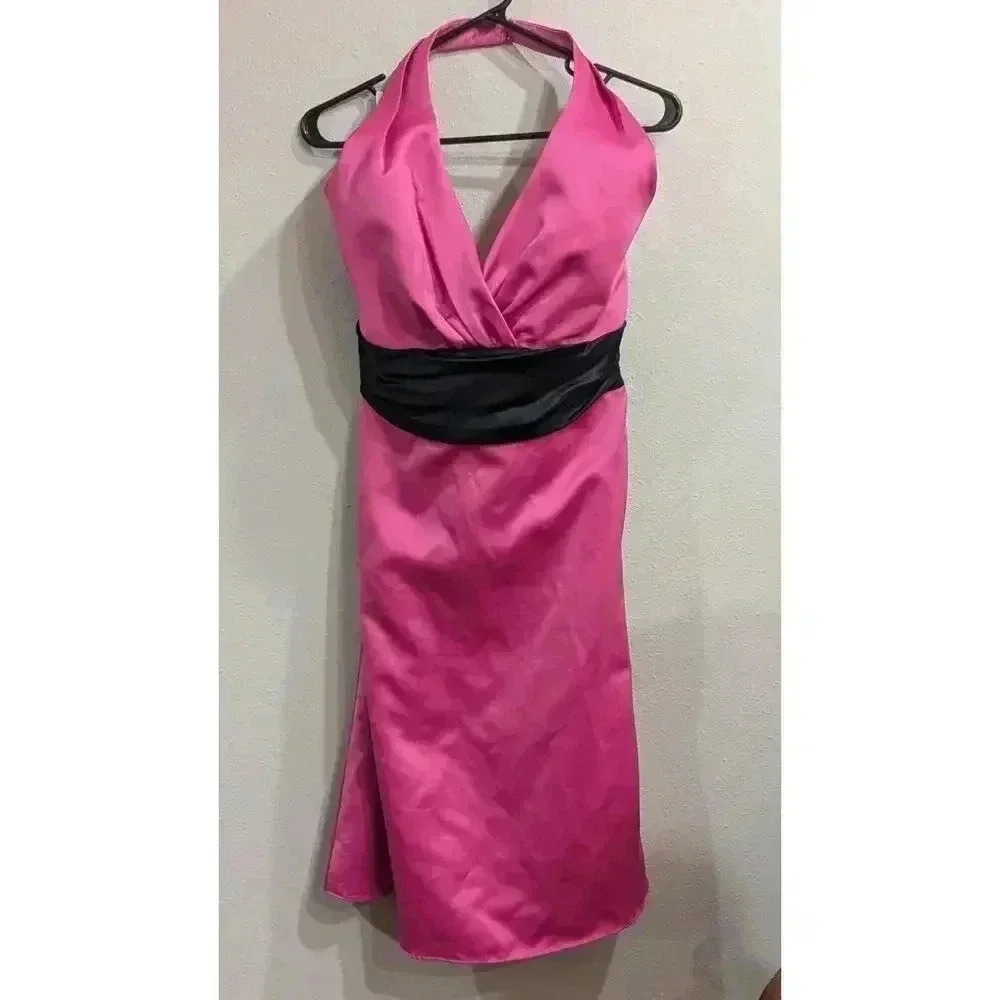 Pink Taffeta halter style party dress w/ black sash by Forever Yours size 16